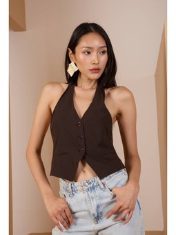 Sırt Dekolteli Dokuma Acı Kahve Yelek