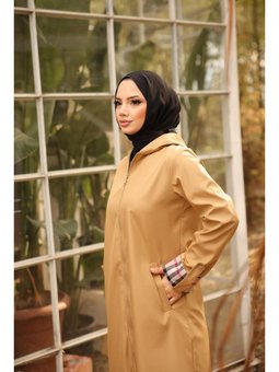 Kapüşonlu Çıtçıtlı Kapitone Uzun Bondit Bej Kap 46)