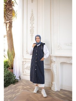 Kapüşonlu Çıtçıtlı Kolsuz Cepli Uzun Kapitone Lacivert Yelek 46)