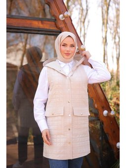 Kolsuz Cepli Çıtçıtlı Kapitone Bej Yelek 46)