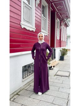 O Yaka Fermuarlı Yan Cepli Pamuklu Uzun Mürdüm Ferace