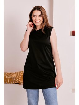 Sude Bisiklet Yaka Kolsuz Sade Basic Siyah Bluz