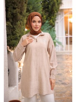 Yarım Fermuarlı Yaka Logo Baskılı Bej Tunik