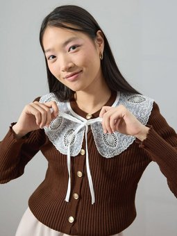 Beyaz Yakalı Triko Acı Kahve Hırka