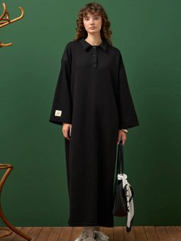 İplik Polo Yaka Siyah Elbise