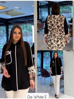 Büyük Beden Arkası Empirme Baskılı Ve Kollar Da Bağcık Detaylı Siyah Gömlek