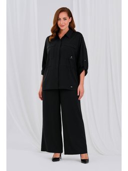 Büyük Beden Baskı Detaylı Siyah Gömlek
