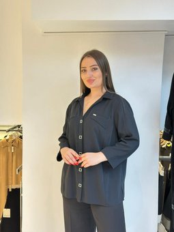 Büyük Beden Cep Ve Kollar Detaylı Siyah Bluz