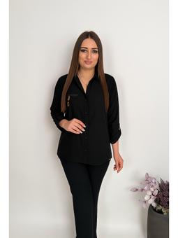 Büyük Beden Gizli Cep Detaylı Siyah Gömlek