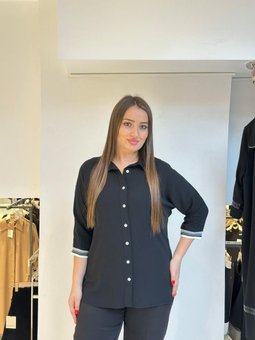 Büyük Beden Truvakar Kol Saks Mavisi Siyah Gömlek