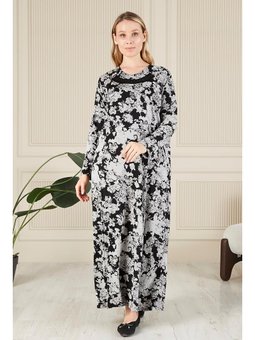 Buyuk Beden Yakası Taşlı Menekşe Siyah Elbise