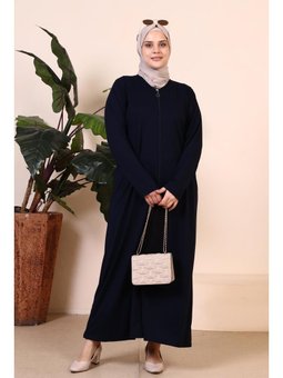 Kadin Buyuk Beden Fermuarlı Tam Tesettur Uzun Namaz Elbisesi Lacivert Elbise