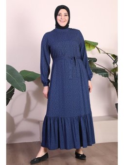 Kadin Büyük Beden Hakim Yaka Çıtır Viskon Mavi Elbise