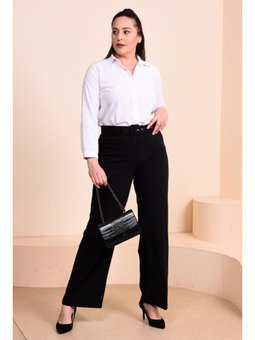 Kadin Buyuk Beden Kumas Kemerli Ve Geniş Paça Palazzo Model Siyah Pantolon