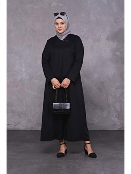 Kadin Buyuk Beden Petek Kumaş Jakar Anne Elbisesi Siyah Elbise