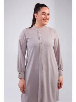 Kadin Buyuk Beden Tesettur Düğmeli Ayrobin Kumaş Gri Tunik