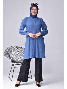 Kadin Buyuk Beden Tesettur Düğmeli Ayrobin Kumaş İndigo Tunik