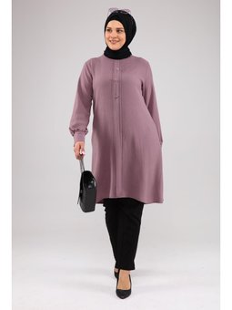 Kadin Buyuk Beden Tesettur Düğmeli Ayrobin Kumaş Pudra Tunik