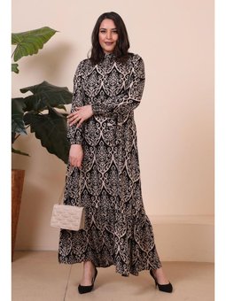 Kadin Hakim Yaka Buyuk Beden Tesettur Viskon Kumas Pileli Ve Piliseli Elbise Taş