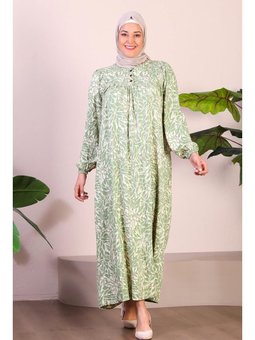 Uzun Buyuk Beden Anne Yazlik Tesettur Giyim Su Yeşili Elbise