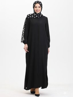 Keten Görünümlü Siyah Ferace Kollar Kolu Lastikli Yırtmaçlı Fermuarlı