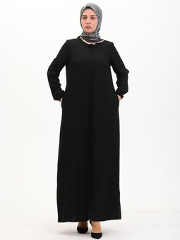 Keten Görünümlü Siyah Ferace Kollar Lastikli Cepli Ve Fermuarlı