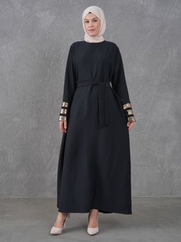 Melanjlı Kumaş Manşet Payet Garnili Siyah Elbise