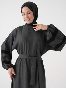 Şerit Garnili Torba Kol Günlük Tuncay Elbise Antrasit