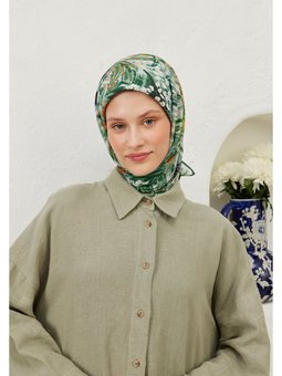 Botanic Desen Pamuk Vual Yeşil Eşarp