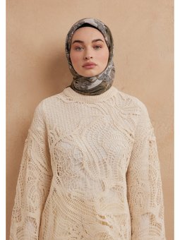 Darıa Desen Pamuk İpek Haki Eşarp