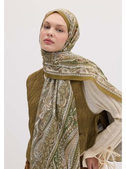 Etnıc Floral Desen Şal Zeytin Yeşili