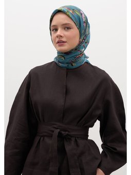 Flower Rain Desen Pamuklu Viskon Mavi Eşarp