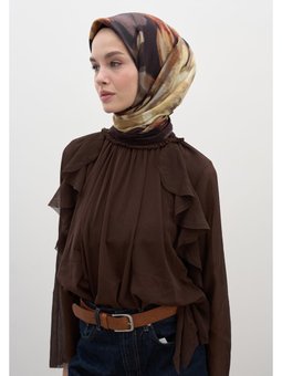 Gardenıa Desen Pamuklu Viskon Eşarp Kahve