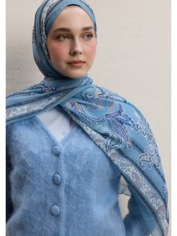 Luna Desen İpek Krep Pastel Mavi Şal
