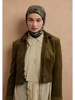 Sıara Desen Pamuk İpek Askeri Yeşil Eşarp
