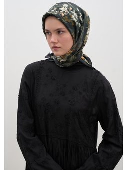 Wısterıa Desen Pamuklu Viskon Siyah Eşarp