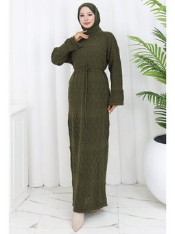 Astarlı Bağcıklı Ajurlu Haki Elbise