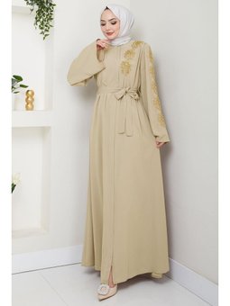 Çiçek Taşlı Kuşaklı Bej Ferace