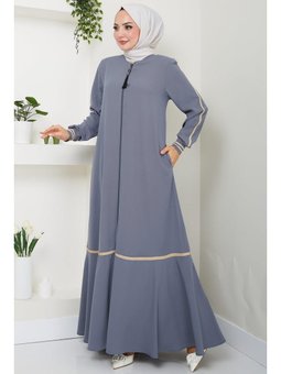 Çizgi Detaylı Gri Ferace