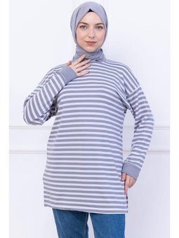 Çizgili Kısa Penye Gri Tunik