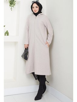 Fermuarlı Kapüşonlu Krem Kap