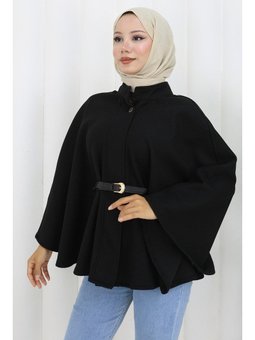 Kemerli Kaşe Siyah Panço