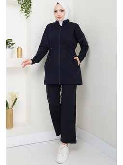 Kolu Taşlı Beli Bağcıklı Lacivert Takım