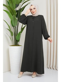 Önü Patlı Büyük Beden Haki Ferace