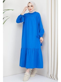 Robalı Kol Ucu Bağlamalı İndigo Elbise