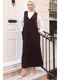V Yaka Cepli Örme Jile Kahverengi Elbise