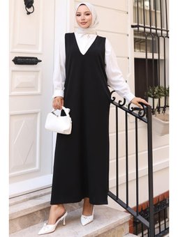 V Yaka Cepli Örme Jile Siyah Elbise