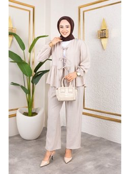 Bağlamalı Çilek Kumaş Vizon İkili Takım