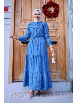 Belden Sıkmalı Fır Fırlı Kot Elbise