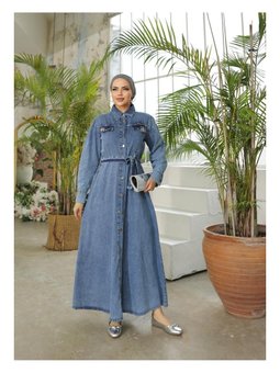 Boncuk İşlemeli Düğmeli Kot Elbise